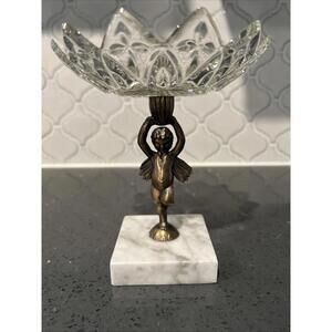 VTG Hollywood Regency Style  Marble Base Pedestal Cherub Dish Made In Italy  7”